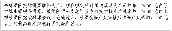 文本框:根據學院實際需要增補資産，須在規定的時限内填寫資産采購單，5000元内經學院主管領導同意，報學院“一支筆”簽字後交學校資産處采購；5000元以上須經學院黨政聯席會議讨論通過後，經學校資産處審核後由資産處采購；500元以上的物品都必須進行固定資産登記。